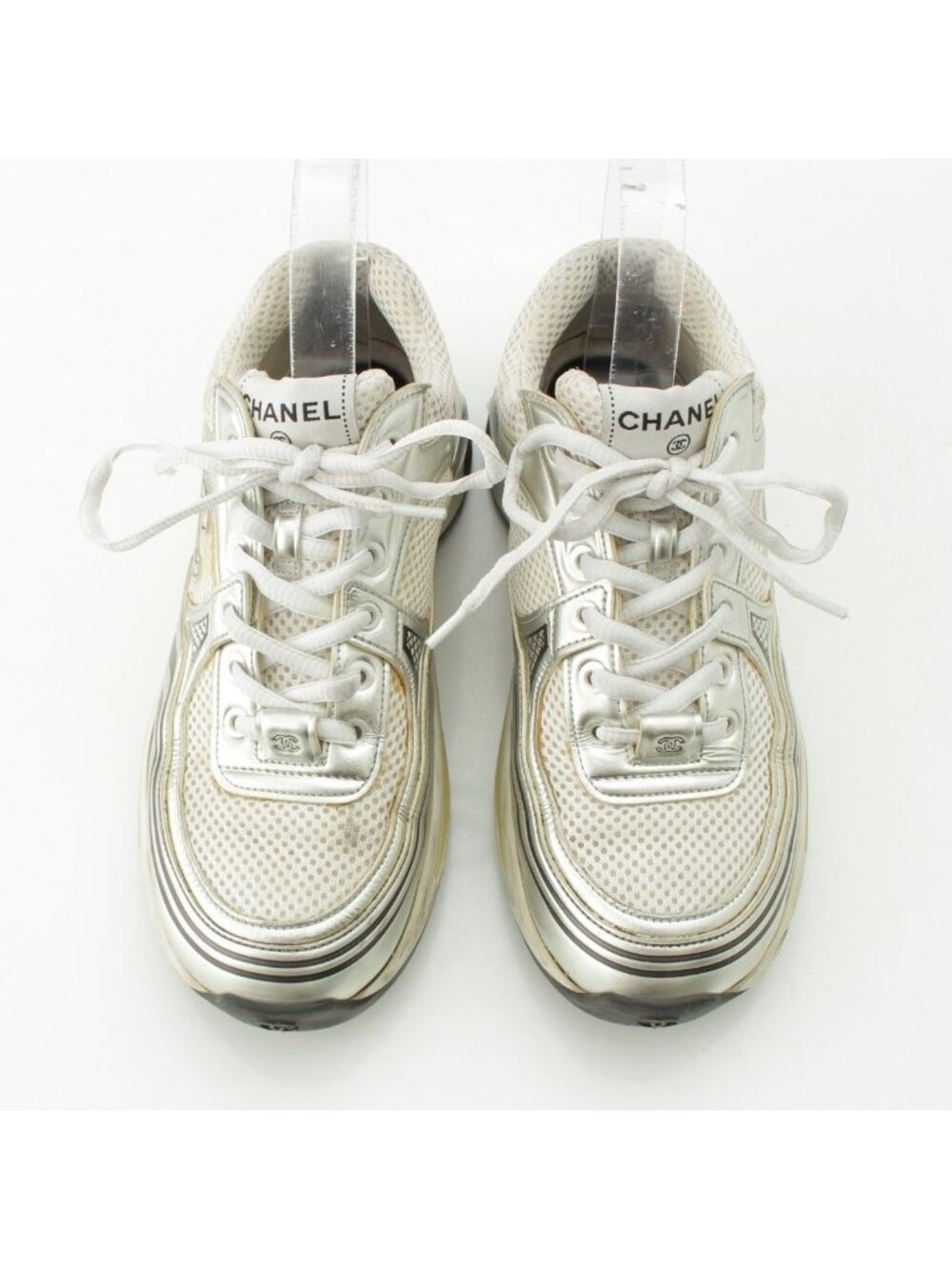 Chanel Mesh CC Logo Sneakers Low Cut Silver White - Picture 2 of 10